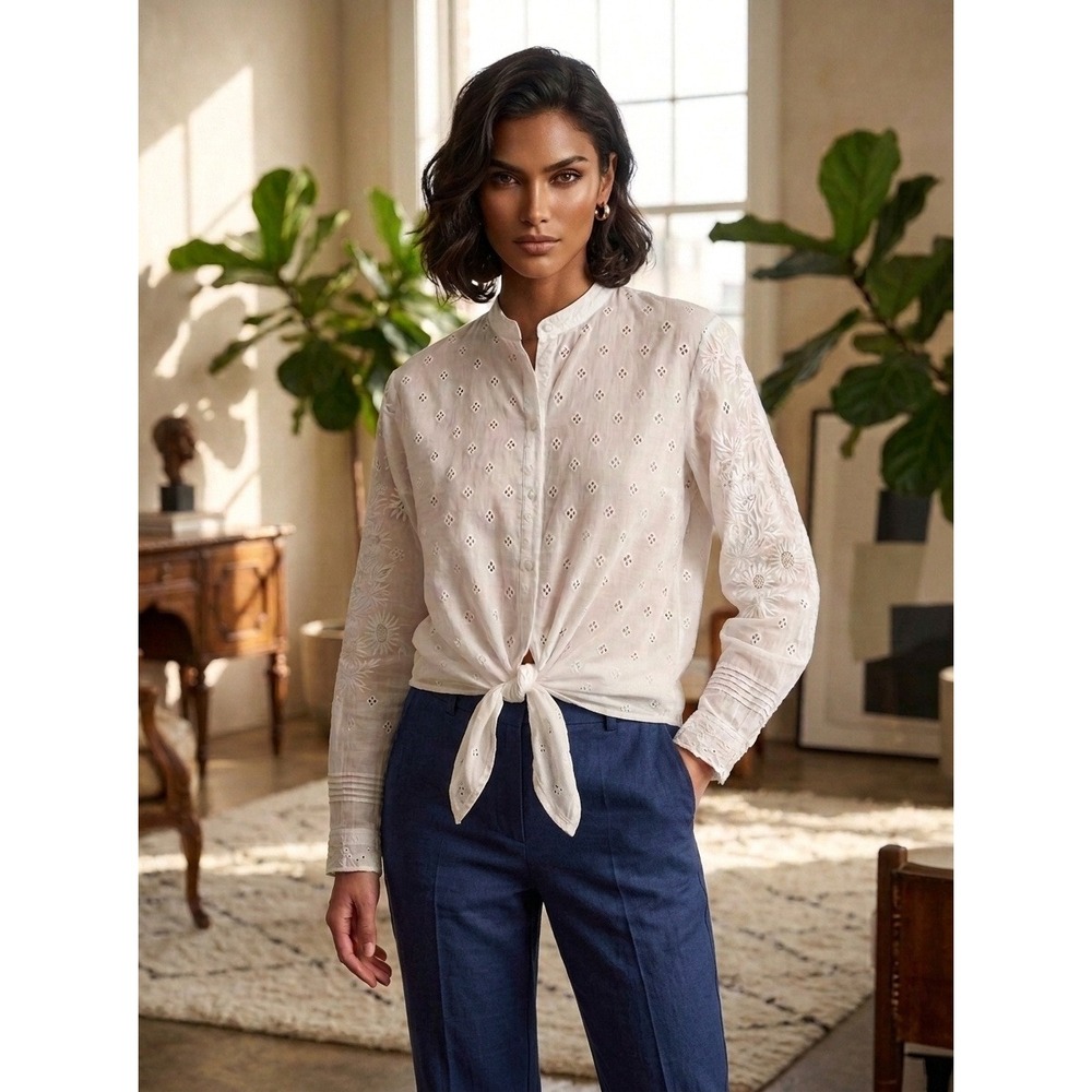 Johnny Was Womens White Eyelet Embroidered Tie Peasant Blouse XL Cupra Rayon